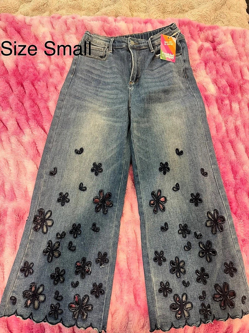 Freckled Poppy x Risen Cropped Wide Cut Jeans with Flower Cut Outs Floral